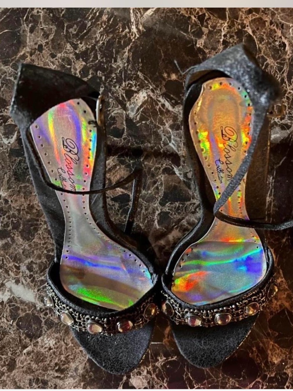 Black Beaded Open-Toe Women's Heels